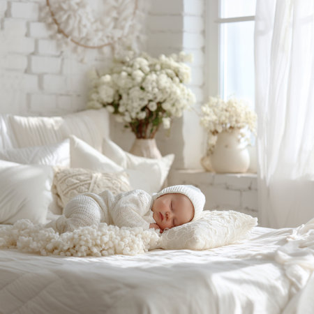 Adorable baby lying in a bright, white, sunlit bedroom surrounded by white flowers. Warm and serene atmosphere. Soft natural light, white linens, and floral decor enhance the gentle.の素材