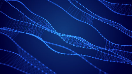 Scientific study of the molecular structure of DNA. Chemical bonds of blue lines with dots. Medical science and biotechnology. Wave of moving particles in space. 3D rendering.の写真素材