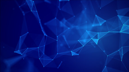 Network concept with lines and dots. Abstract digital blue background. The distribution of triangular shapes in space. 3D rendering.の写真素材