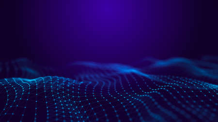 Background with a connection of triangles, dots and lines. Abstract dynamic blue wave. Network connection structure. 3D rendering.の写真素材