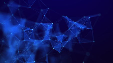 Network concept with lines and dots. Abstract digital blue background. The distribution of triangular shapes in space. 3D rendering.の写真素材