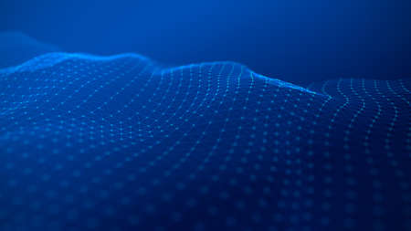 Background with a connection of triangles, dots and lines. Abstract dynamic blue wave. Network connection structure. 3D rendering.の写真素材