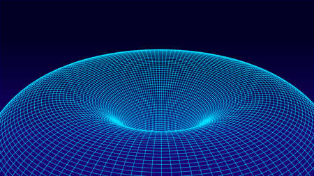 Wireframe tunnel 3d illustration. Black hole. Tunnel or wormhole. Vector illustration. Abstract 3d green wireframe landscape.のイラスト素材