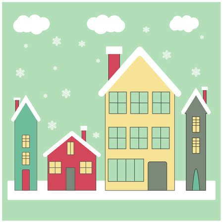 Winter city with colorful houses with snowのイラスト素材