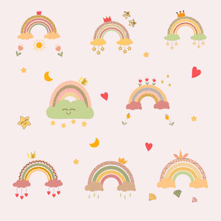 Cute vector pastel rainbow set with drops and heart isolated on pink backgroundのイラスト素材