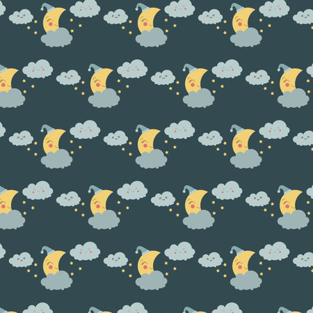 Cute sky pattern. Seamless vector design with smiling, sleeping moon, stars and clouds. Baby illustration.のイラスト素材
