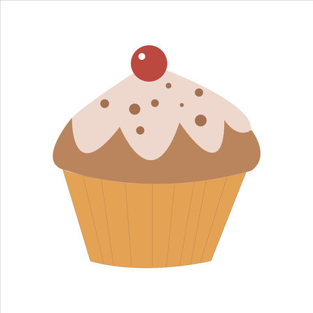 Cupcake with cherry illustration. Cartoon symbol of pastry and sweet food. Colorful flat vector...