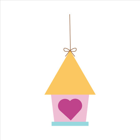 Pink bird house with heart shaped window, cute illustration in cartoon flat style. Spring concept. Wooden bird feeder. Bird day, nature protection. Crafts made of wood and nailsのイラスト素材