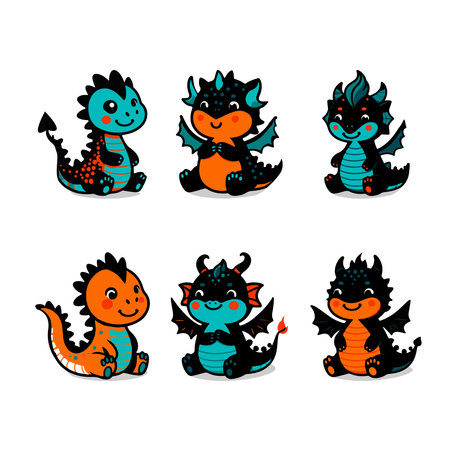 Illustration set of green dragon characters, vector, cartoonのイラスト素材