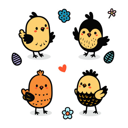 Cartoon Easter chicks. Cute baby farm birds with yellow feathers. Cheerful little chickens and roosters activities. Funny domestic animals hatched from eggs. Isolated newborn poultry, vector setのイラスト素材
