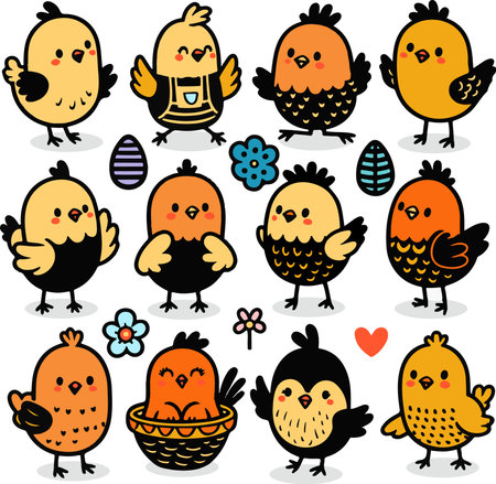 Cartoon Easter chicks. Cute baby farm birds with yellow feathers. Cheerful little chickens and roosters activities. Funny domestic animals hatched from eggs. Isolated newborn poultry, vector setのイラスト素材