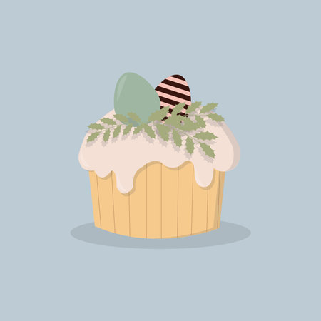 Easter cake with decorated eggs and flowers. Holiday card design. Colorful flat vector illustration.のイラスト素材