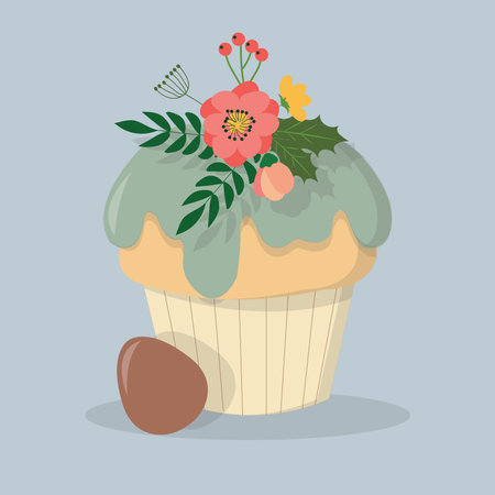Easter cake with decorated eggs and flowers. Holiday card design. Colorful flat vector illustration.のイラスト素材
