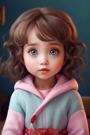 Portrait of a beautiful little girl with curly hair in a pink jacket. Generated by AI.の素材