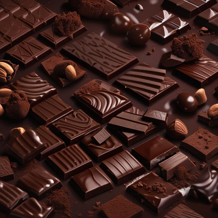 Chocolate background with nuts, candies and pieces of dark chocolateの素材