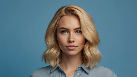 Portrait of a beautiful young blond woman on a blue background.の素材