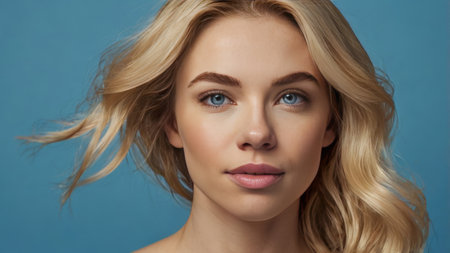 Portrait of beautiful young woman with blond hair on blue background.の素材