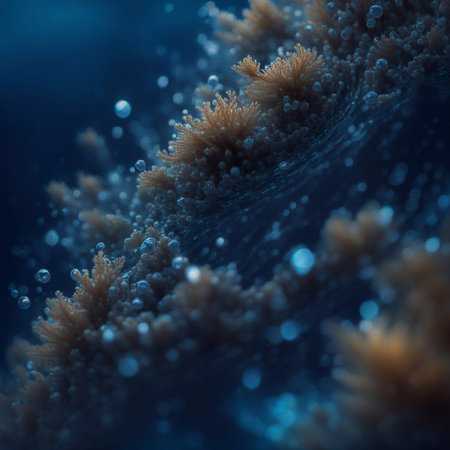 3d illustration of abstract blue background with bubbles and light effects.の素材