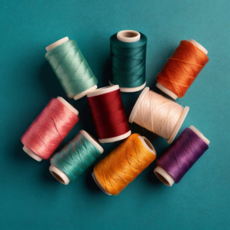 Colorful spools of thread on turquoise background, top viewの素材