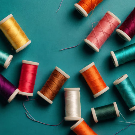 Colorful spools of thread on turquoise background. Flat lay, top viewの素材