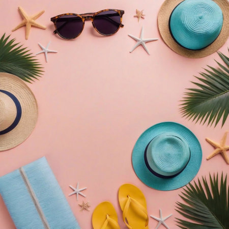 Summer holiday background with hat, sunglasses, starfish and palm leaves on pastel pink backgroundの素材