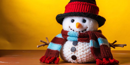 snowman with scarf and hat on wooden table on yellow backgroundの素材