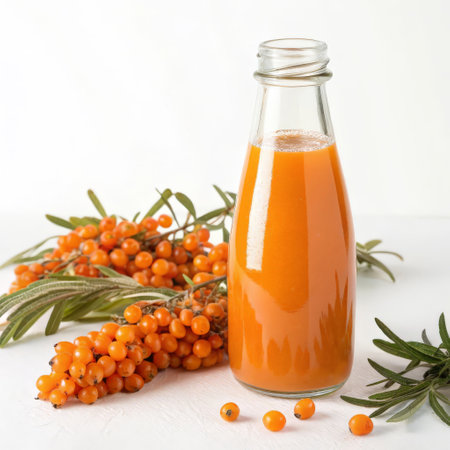 Bottle of sea buckthorn juice with sea buckthorn berriesの素材