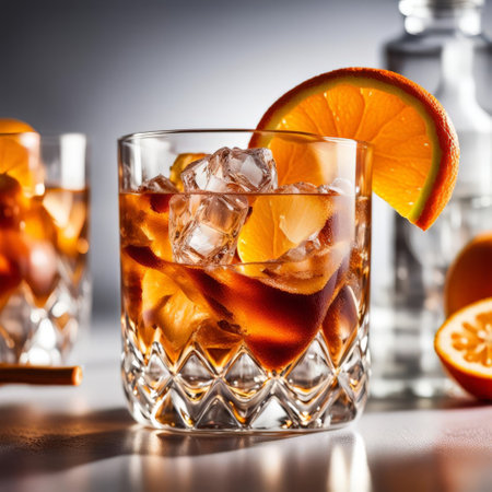 Two glasses of Cuba Libre cocktail with orange and ice on a gray backgroundの素材