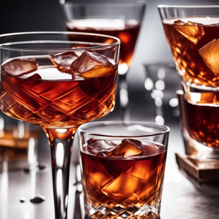 Cocktails in glasses with ice cubes on a dark background.の素材