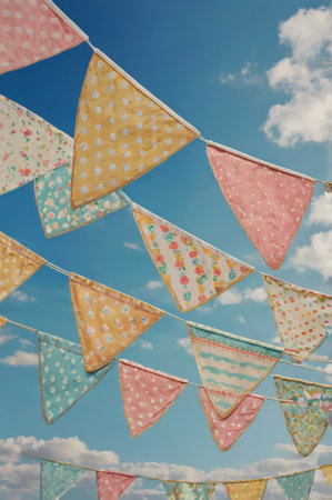 Colorful fabric bunting flags on the blue sky background. Vintage tone.の素材