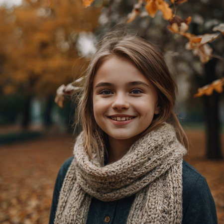 Portrait of a beautiful young girl in a knitted scarf in the autumn park.の素材