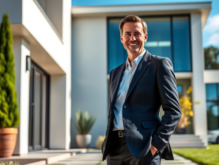 smiling businessman in suit standing with hands in pockets in front of new houseの素材