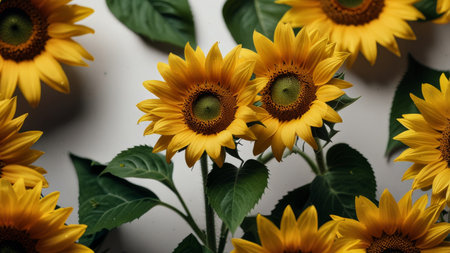 Sunflowers on a white background. Sunflowers with green leaves.の素材