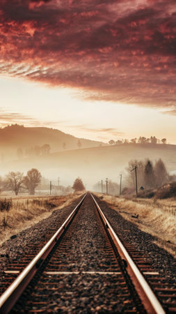 Railway tracks in the morning fog. Vintage style toned pictureの素材