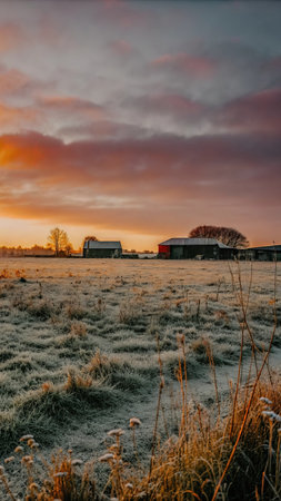 Sunrise over a field in winter with a red barn in the backgroundの素材
