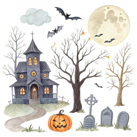 Halloween set with cemetery, bats and pumpkins. Hand drawn vector illustration.の素材