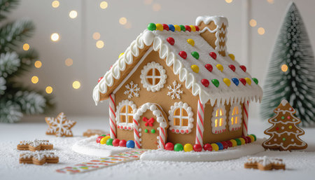 Gingerbread house and Christmas tree on a light background. Christmas concept.の素材