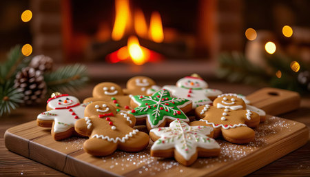 Christmas gingerbread cookies on a wooden board with a burning fireplace in the backgroundの素材