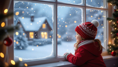 Cute little girl in red clothes looking out the window in winterの素材