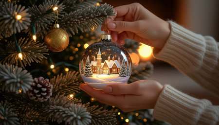 Close up of female hands decorating christmas tree with glass ballの素材