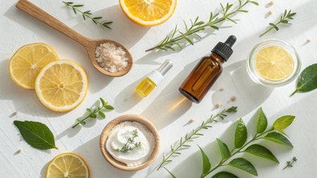 Natural organic cosmetics with lemon and herbs on white background, top viewの素材