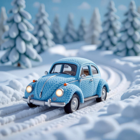 Blue toy car on the road in winter forest. Christmas holiday concept.の素材