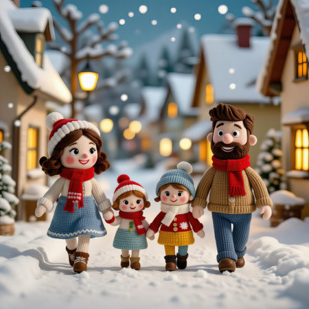 Happy family of three in a winter village. Christmas and New Year concept.の素材