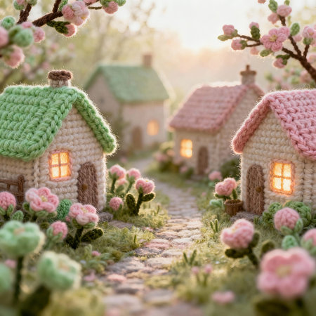 Handmade crochet houses with pink flowers in the garden at sunset.の素材