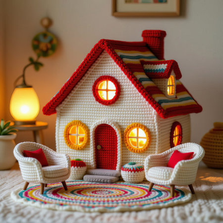 Christmas and New Year cozy home decoration with knitted toy house.の素材