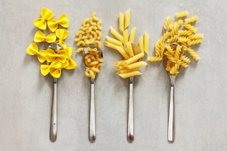 Different kind of noodles in spoons on gray background. Variety of pasta, italian cuisine concept.の写真素材