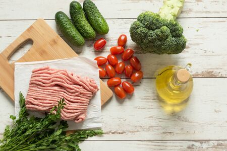 Raw organic vegetables for healthily eating top view. Diet food concept. Background layout with copy space.の写真素材