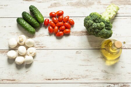 Raw organic vegetables for healthily eating top view. Diet food concept. Background layout with copy space.の写真素材