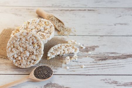 Healthy puffed rice waffles with chia seeds for diet. Rice cakes as a healthy eating concept. Copy space.の写真素材