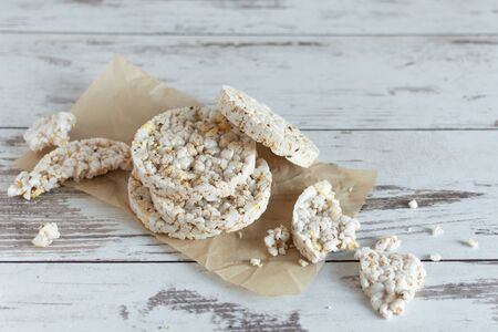 Healthy puffed rice waffles for diet. Rice cakes as a healthy eating concept. Copy space.の写真素材